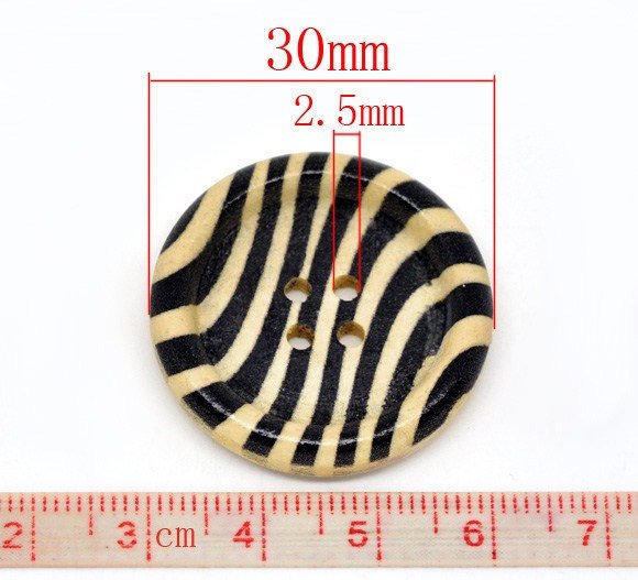 Zebra Pattern Wooden Sewing Buttons 30mm - Natural and Black wood button set of 6