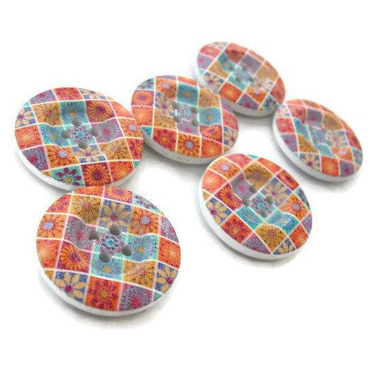 6 painted wooden button - flower patchwork pattern 23mm