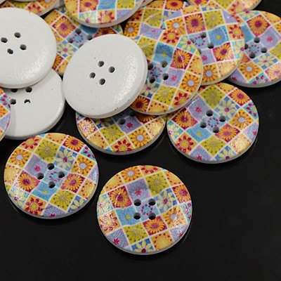 6 painted wooden button - flower patchwork pattern 23mm